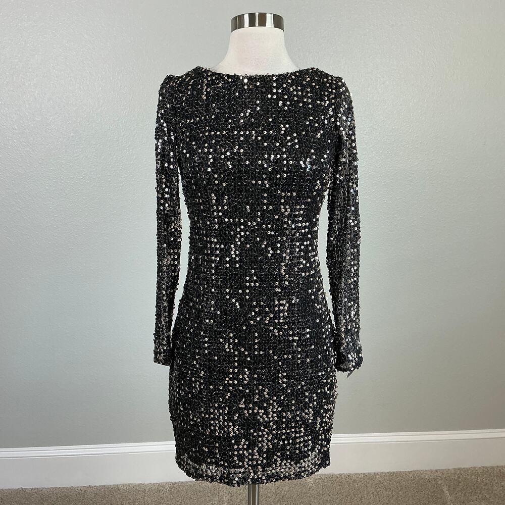 Betsy & Adam Black Sequined Long Sleeve Mini Sheath Cocktail Dress Size 4 LBD - Picture 2 of 13